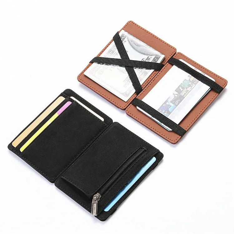 PU leather magic flip wallet with zipper coin purse in solid colour with sewing line detail