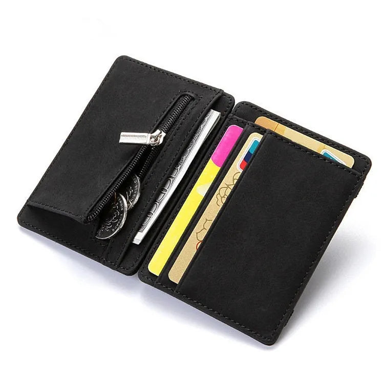 PU leather magic flip wallet with zipper coin purse in solid colour with sewing line detail