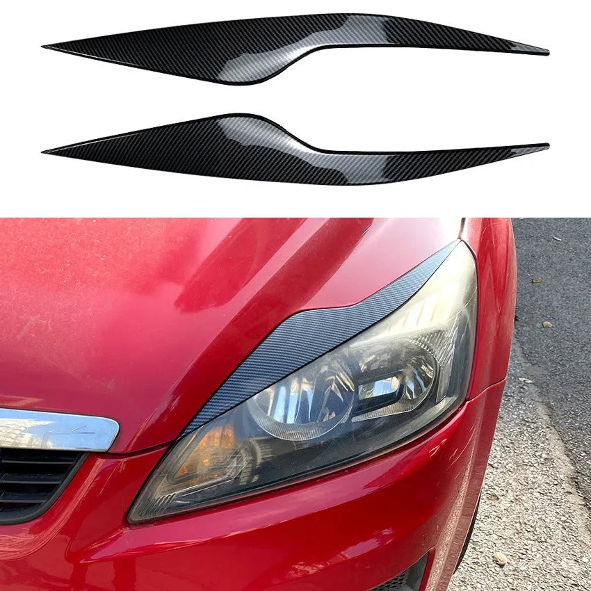 Ford Focus front headlight with carbon fiber pattern ABS eyebrow decal applied for external decorative modification