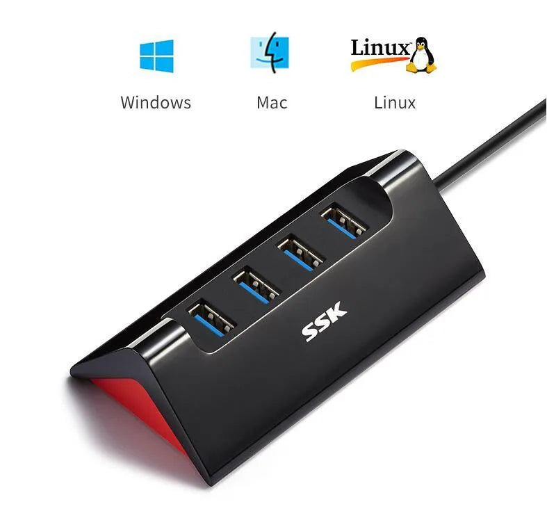 Black USB expansion dock with four ports and multiple cable length options for computer connectivity
