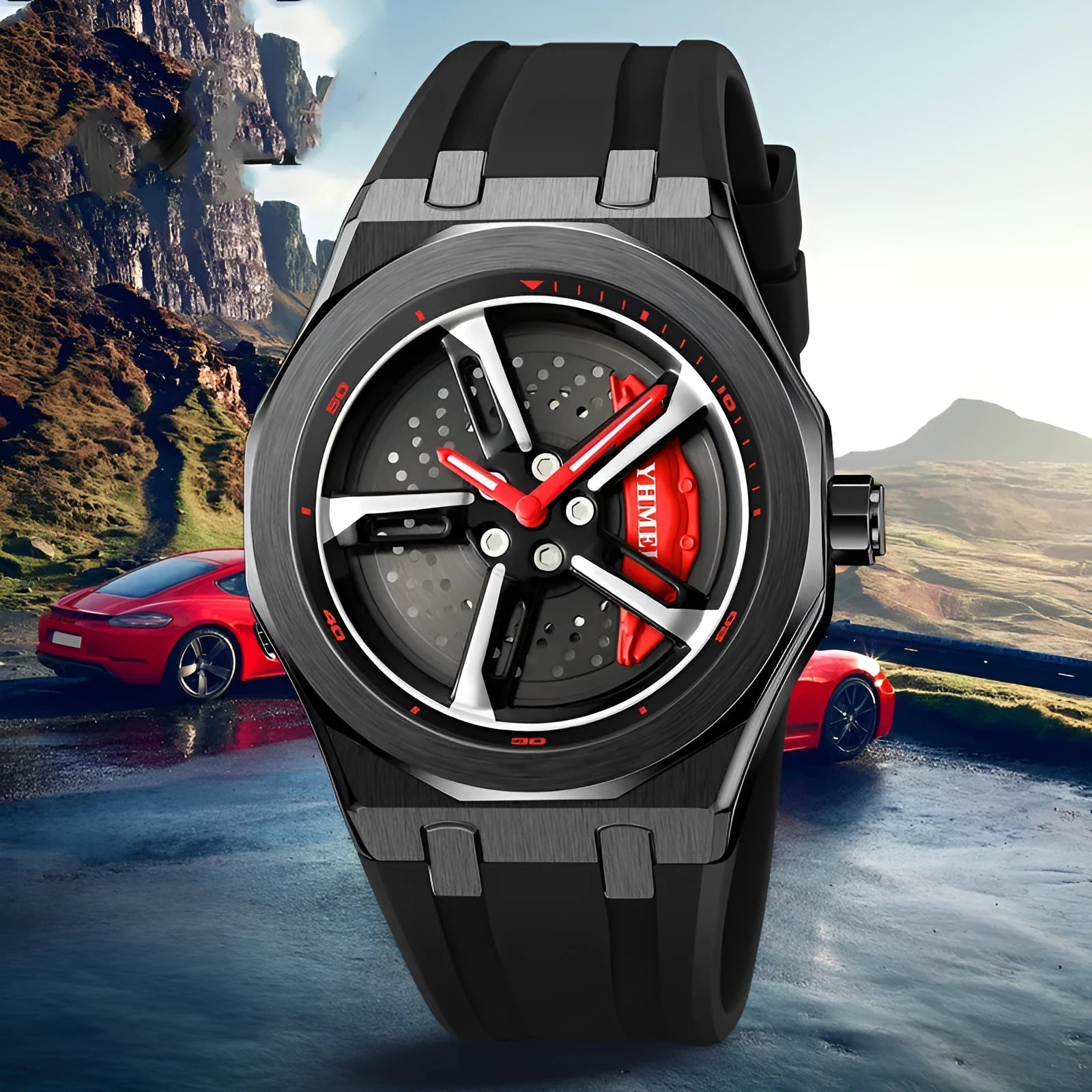 Fashion Trend men's hollow quartz watch with green silicone strap and zinc alloy case on white background