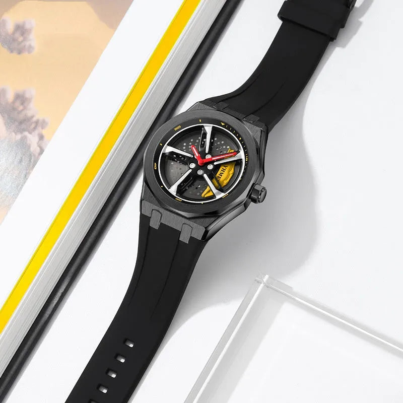 Fashion Trend men's hollow quartz watch with green silicone strap and zinc alloy case on white background