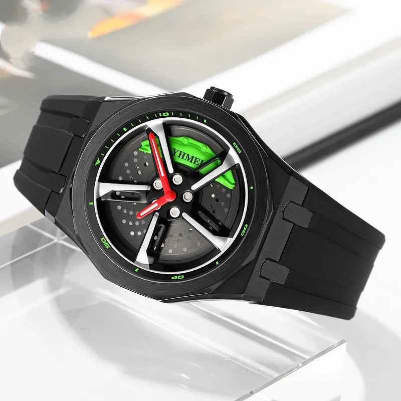 Fashion Trend men's hollow quartz watch with green silicone strap and zinc alloy case on white background
