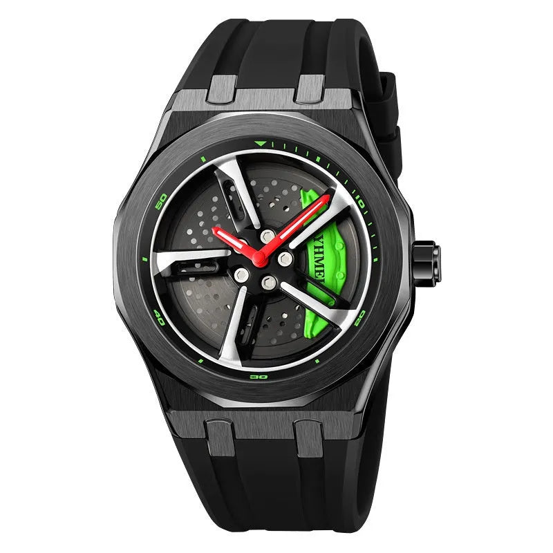 Fashion Trend men's hollow quartz watch with green silicone strap and zinc alloy case on white background