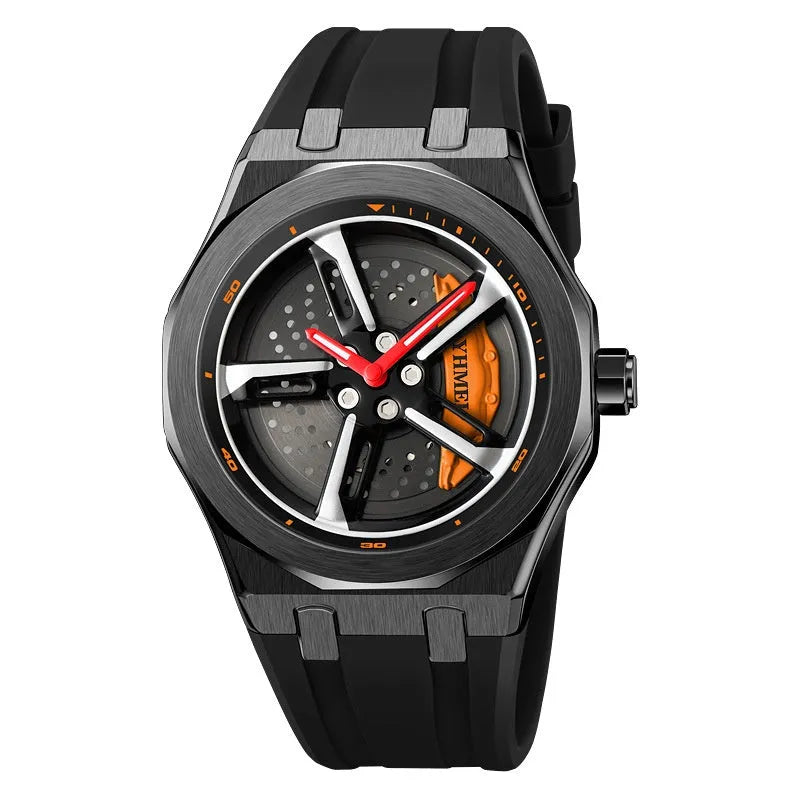Fashion Trend men's hollow quartz watch with green silicone strap and zinc alloy case on white background