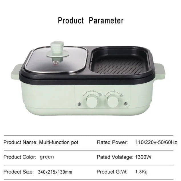 Roast all-in-one electric cooking pot with knob control and 20cm pot mouth, green colour