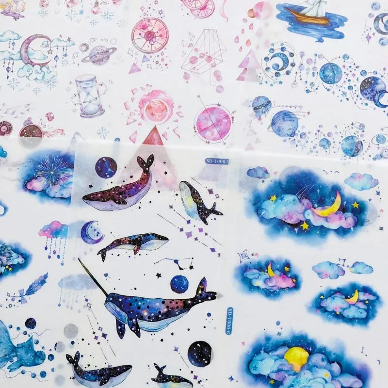 Abu Japanese paper sticker set showing fantasy stars design measuring 10.5cm by 14.1cm