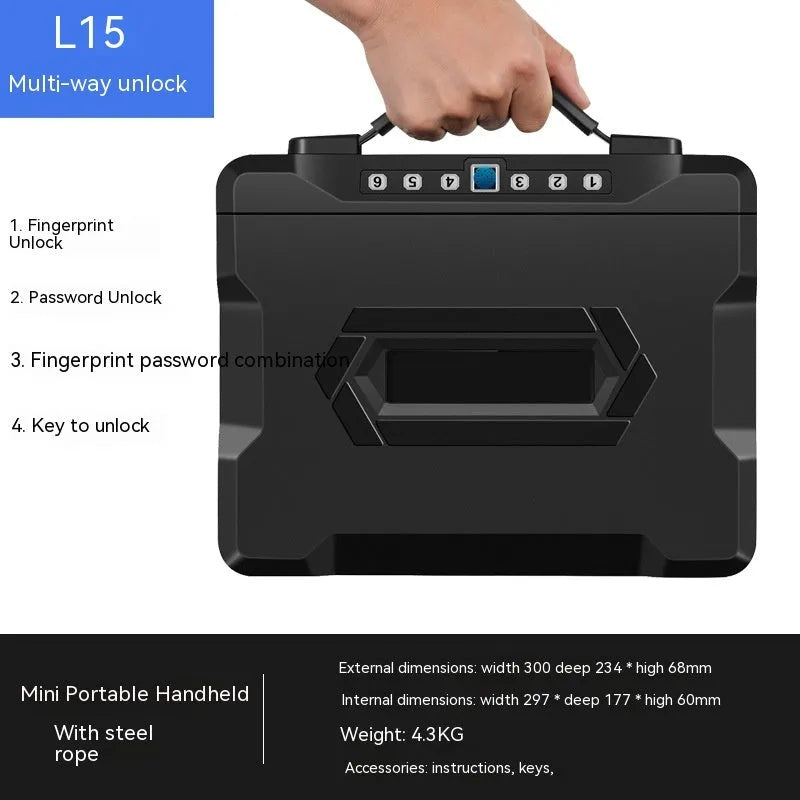 Small black portable safe with mechanical combination dial lock