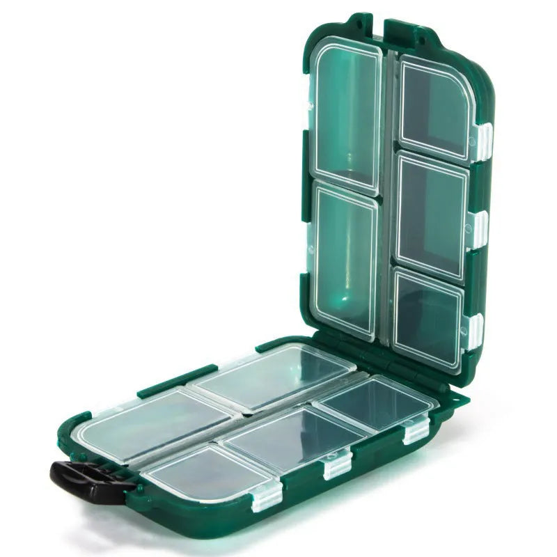 Plastic fishing tackle storage box with ten compartments in black, blue or green