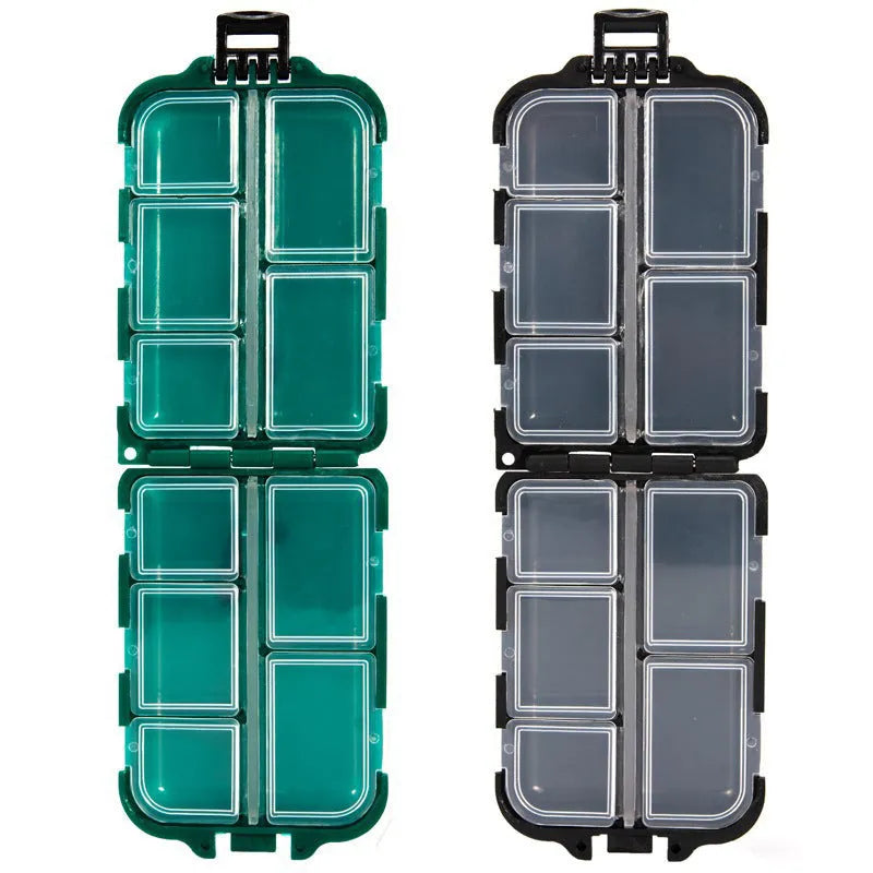 Plastic fishing tackle storage box with ten compartments in black, blue or green