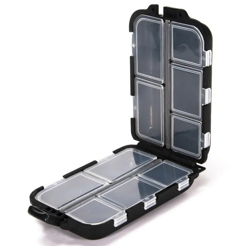 Plastic fishing tackle storage box with ten compartments in black, blue or green