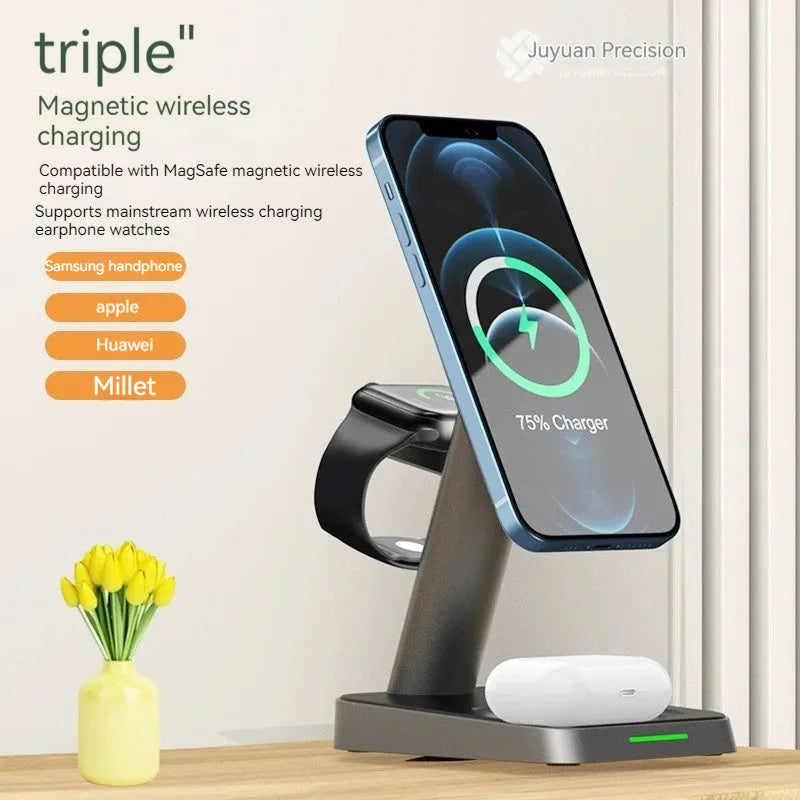 Black minimalist three-in-one wireless charger with vertical phone charging, Apple Watch pad, and 10000mAh power bank