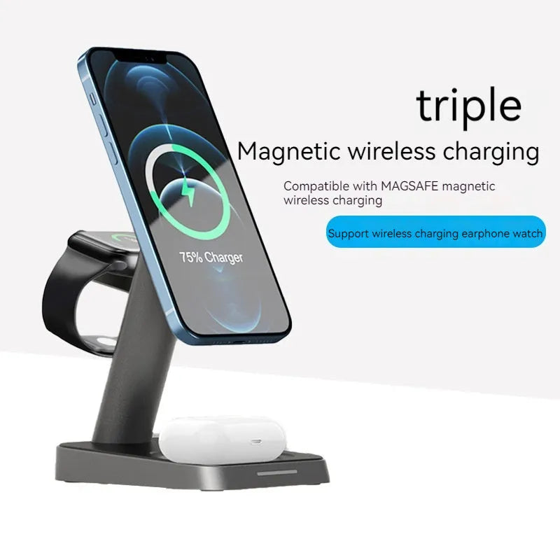 Black minimalist three-in-one wireless charger with vertical phone charging, Apple Watch pad, and 10000mAh power bank