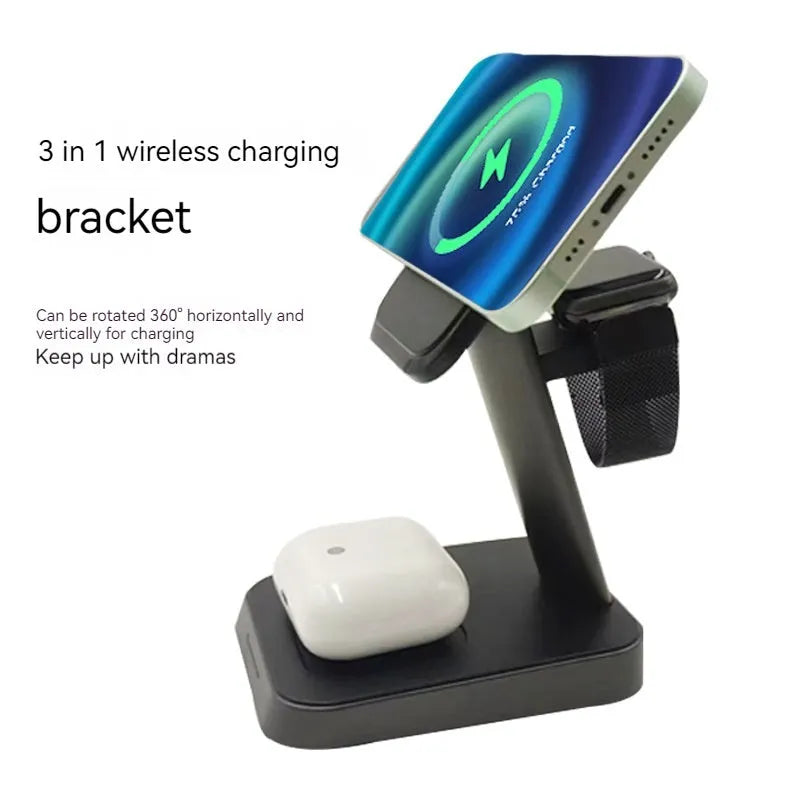 Black minimalist three-in-one wireless charger with vertical phone charging, Apple Watch pad, and 10000mAh power bank