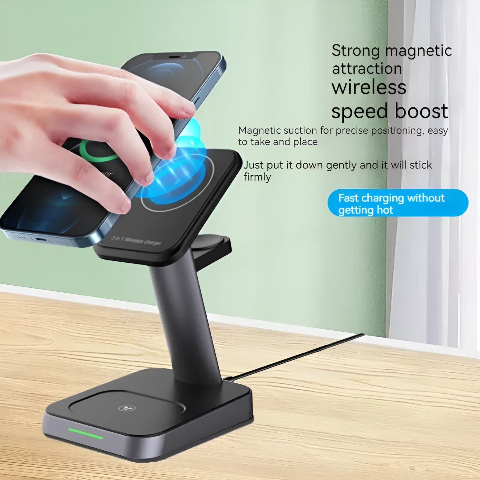 Black minimalist three-in-one wireless charger with vertical phone charging, Apple Watch pad, and 10000mAh power bank