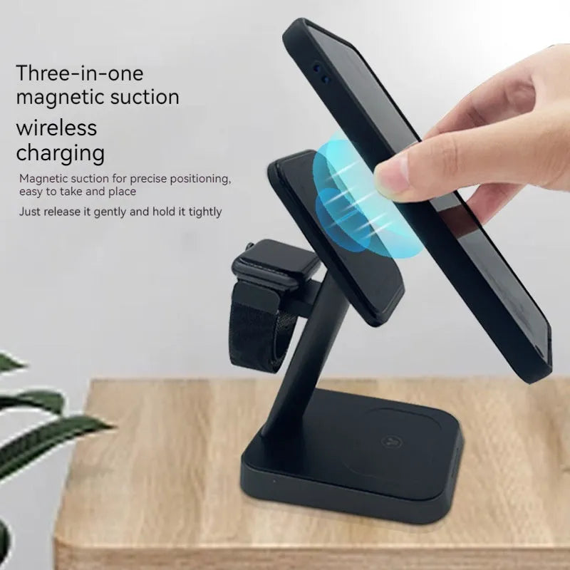 Black minimalist three-in-one wireless charger with vertical phone charging, Apple Watch pad, and 10000mAh power bank