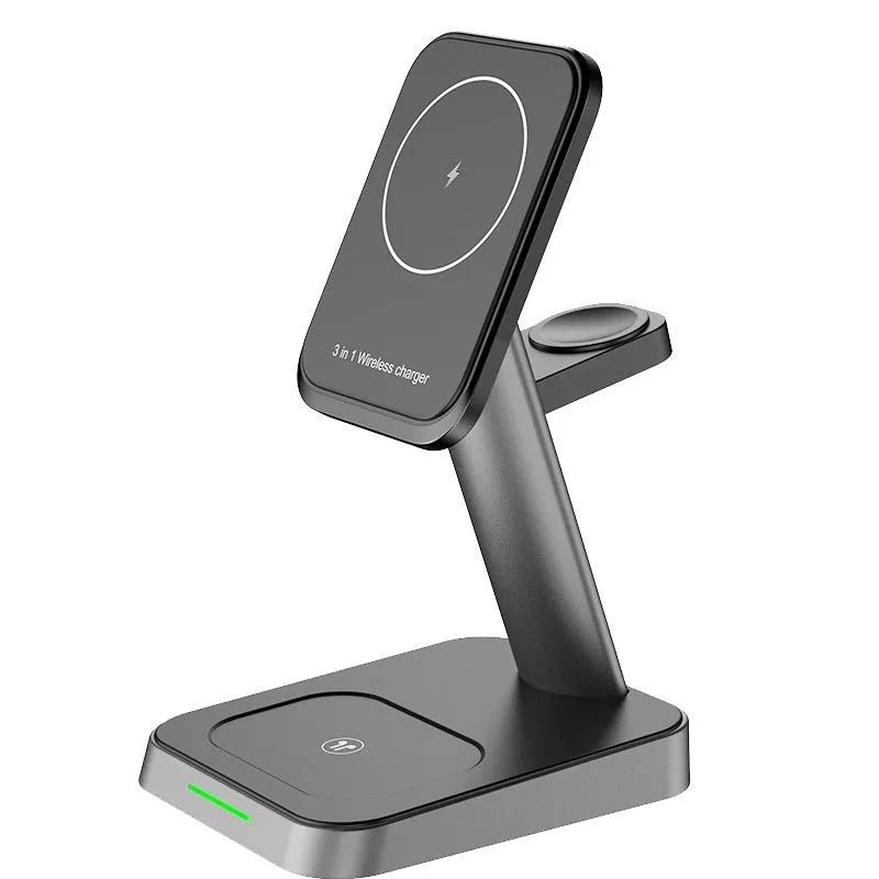 Black minimalist three-in-one wireless charger with vertical phone charging, Apple Watch pad, and 10000mAh power bank