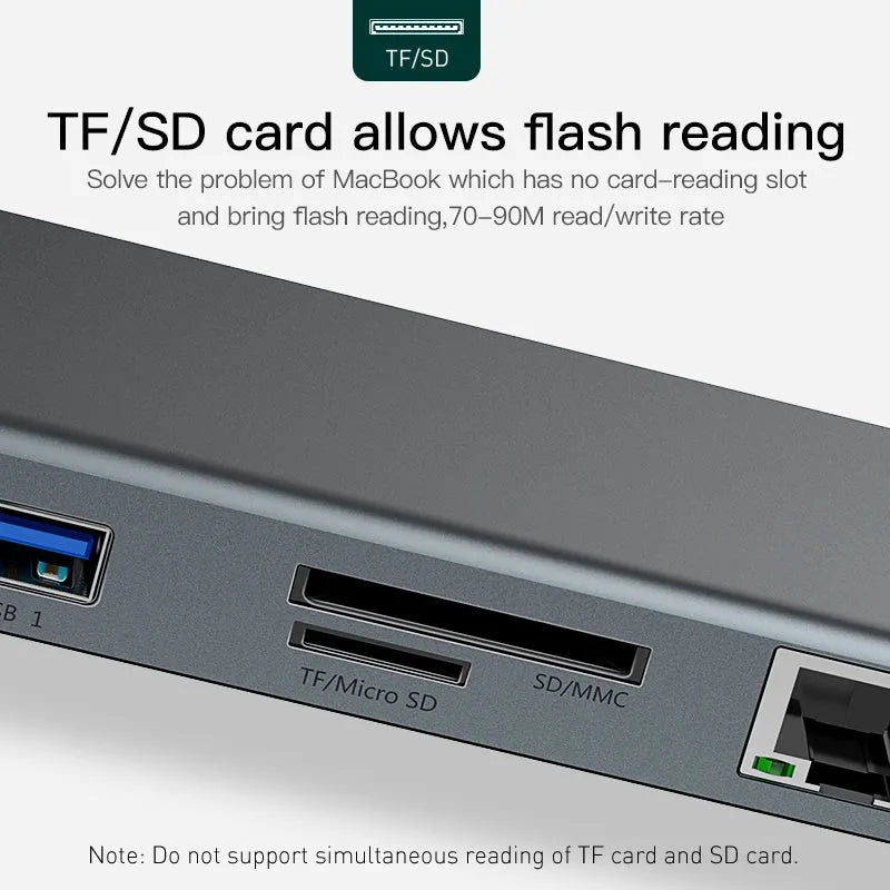 Grey ten-port USB C docking station with HDMI, VGA, Gigabit network, and cooling bracket