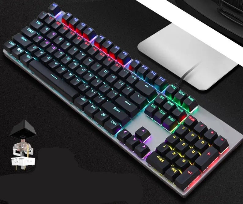 AOC GK410 mechanical keyboard with 104 keys, metal frame, and backlit keys on a desktop.