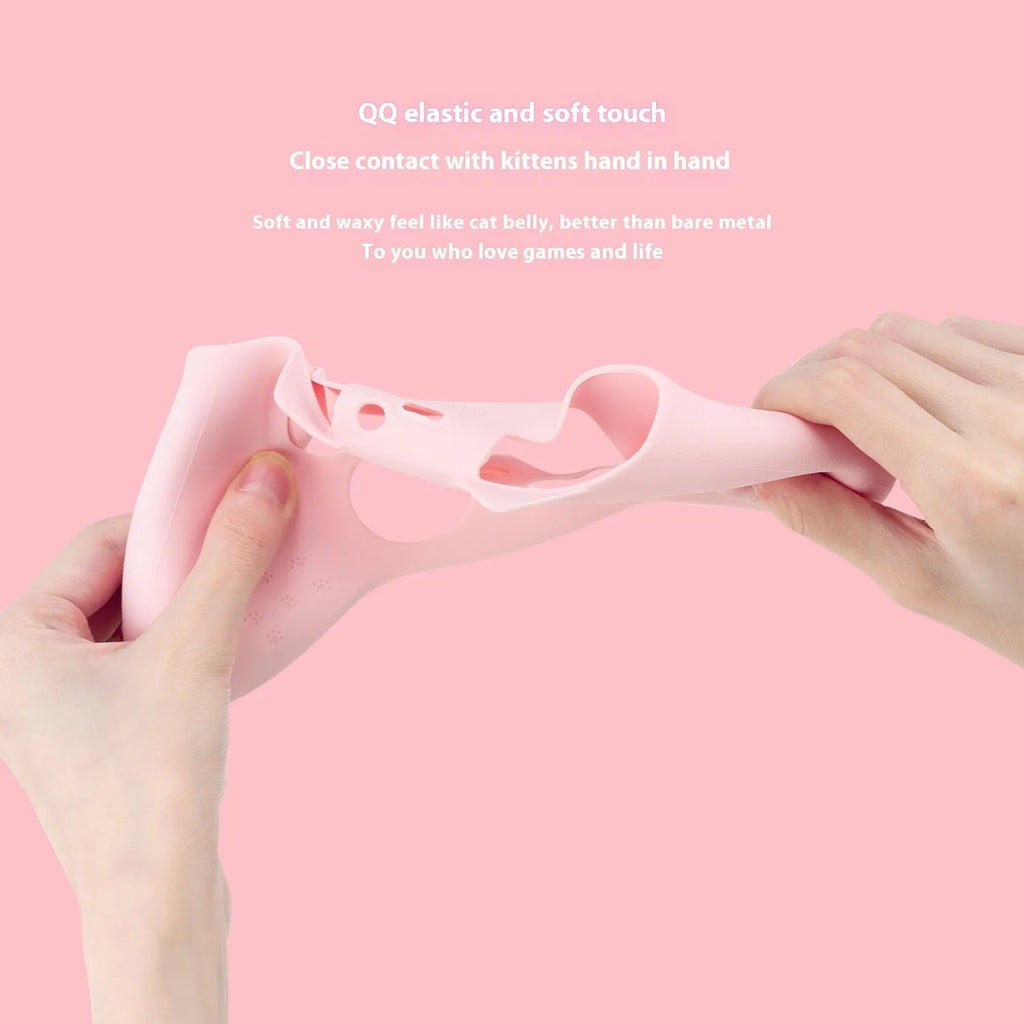 Cat ear silicone game controller cover in Pink with joystick caps and sticker on a white background