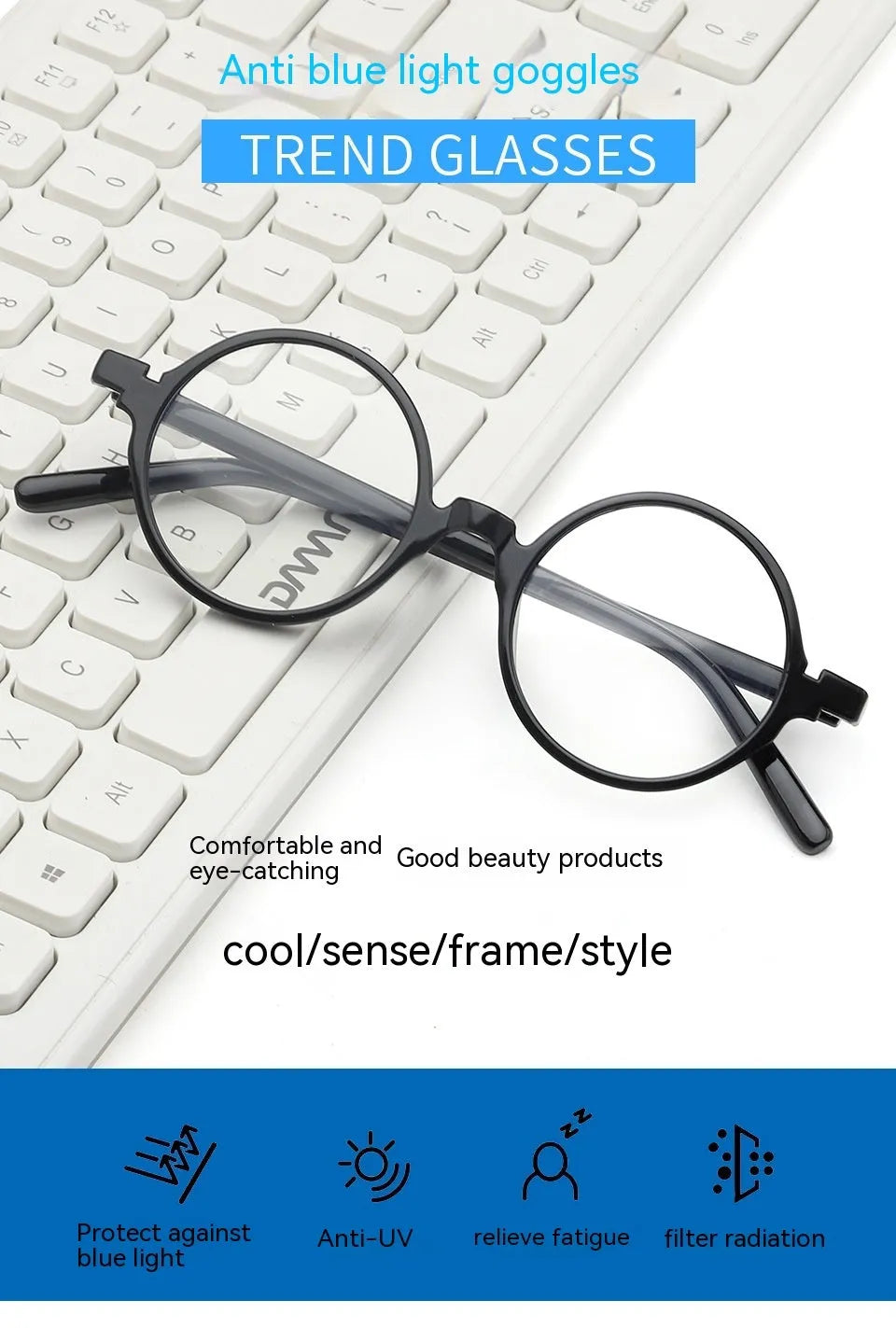 Artistic retro round glasses flat mirror in bright black, sand black, tofu pudding frame, and transparent grey colours