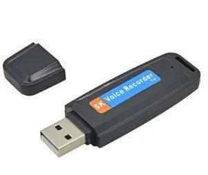 SK-001 black and white USB flash drive with voice recording function showing front and side views