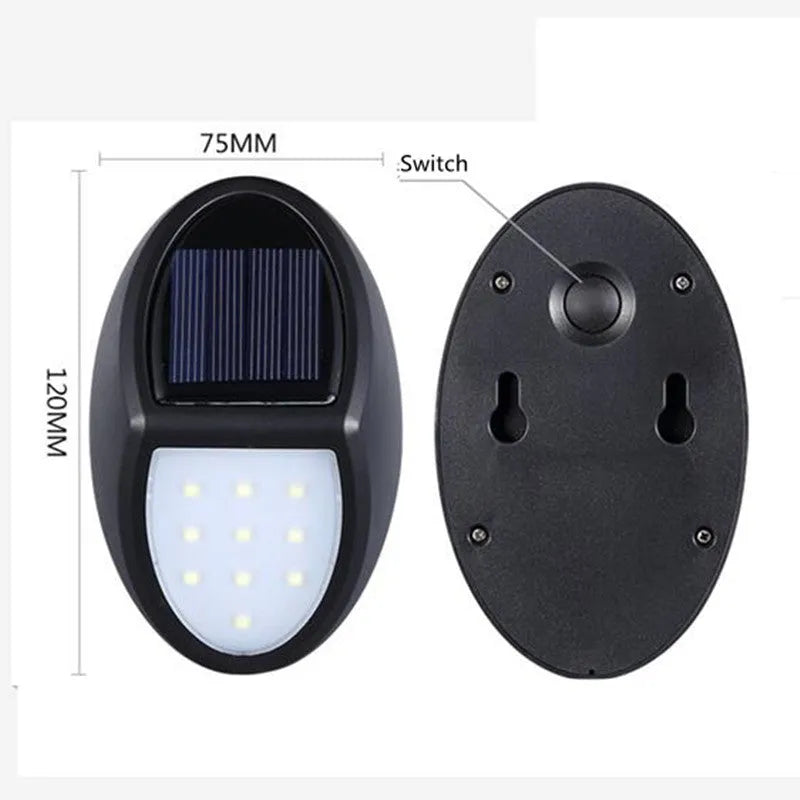 Black LED solar wall light with automatic light sensor measuring 75mm by 120mm