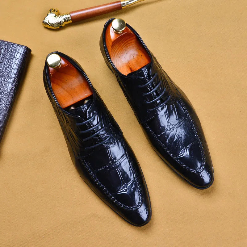 Men's black leather business shoes with alligator pattern styling and horse bit buckle detail