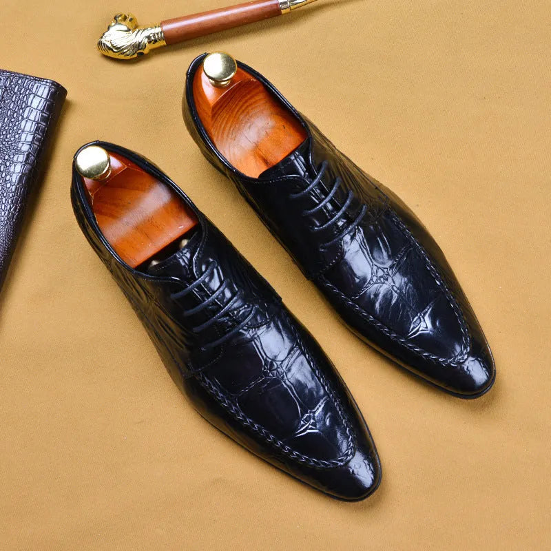 Men's black leather business shoes with alligator pattern styling and horse bit buckle detail