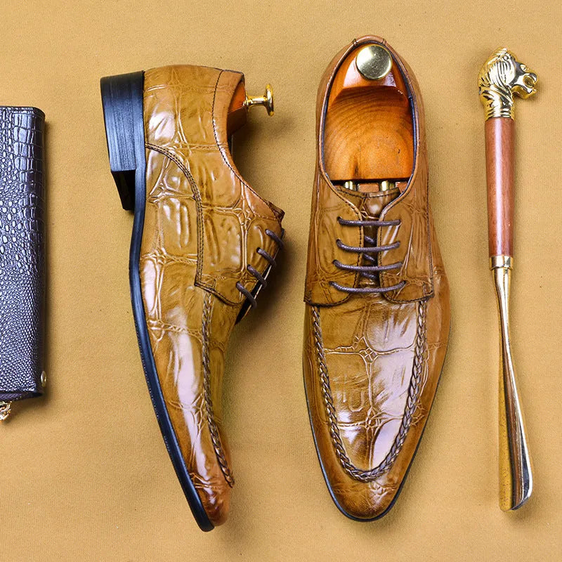 Men's black leather business shoes with alligator pattern styling and horse bit buckle detail