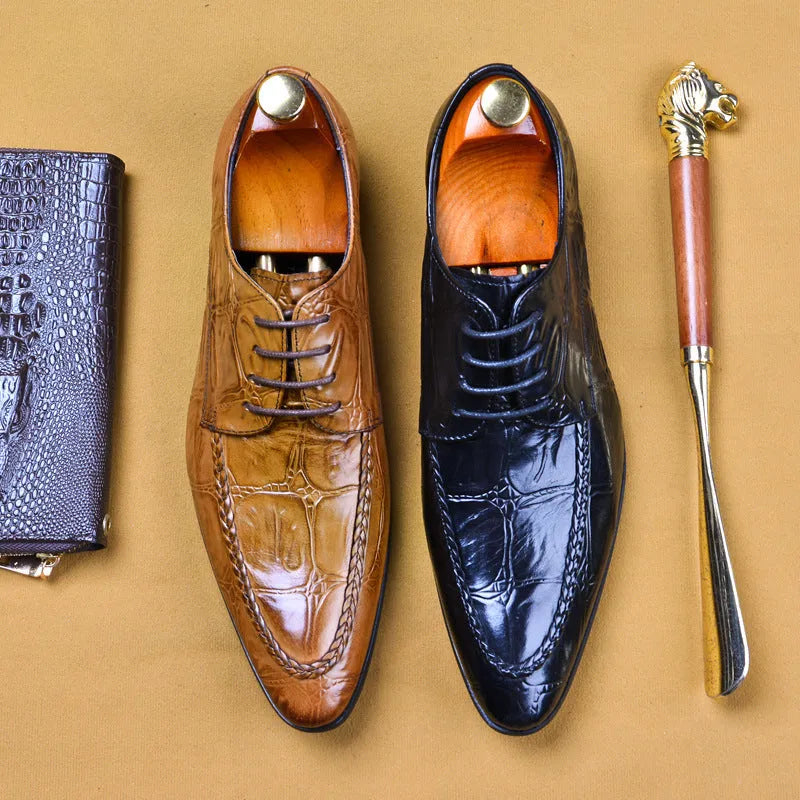 Men's black leather business shoes with alligator pattern styling and horse bit buckle detail