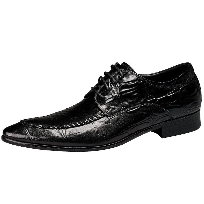 Men's black leather business shoes with alligator pattern styling and horse bit buckle detail