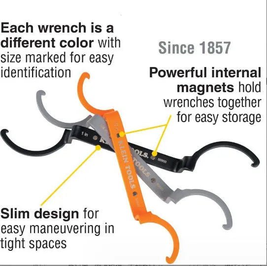 Crescent magnetic suction wrench set with orange, grey, and black adjustable spanners