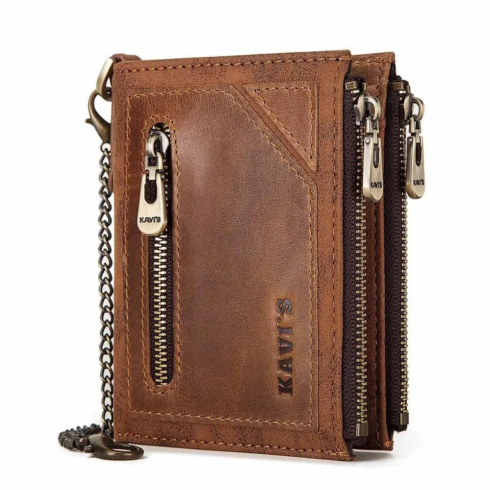 Dark brown men's RFID blocking leather wallet with chain detailing and card organisation