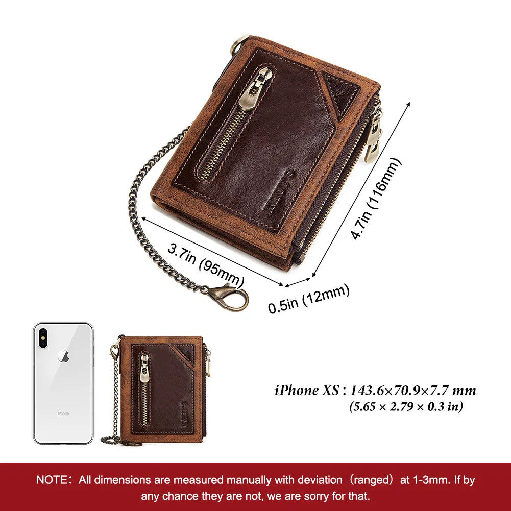 Dark brown men's RFID blocking leather wallet with chain detailing and card organisation