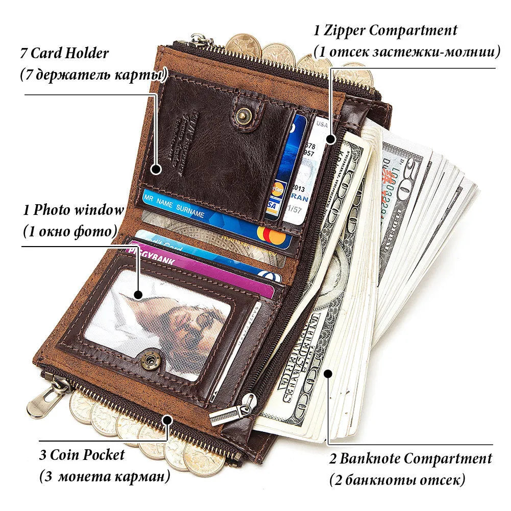 Dark brown men's RFID blocking leather wallet with chain detailing and card organisation
