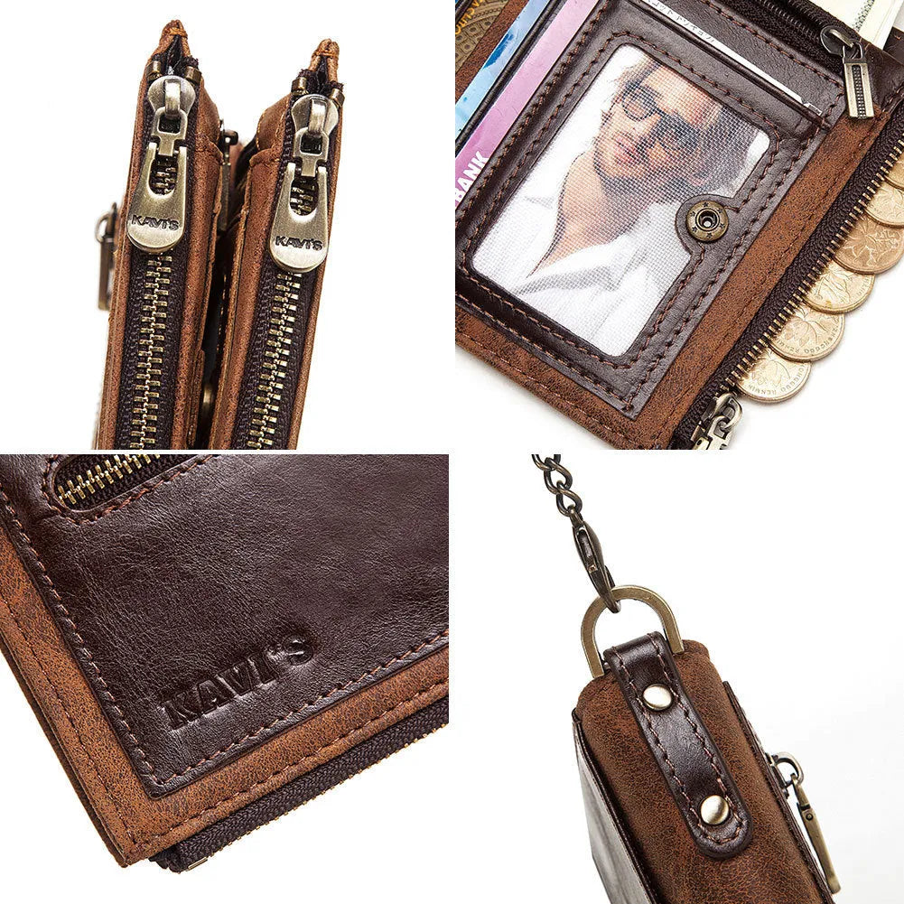 Dark brown men's RFID blocking leather wallet with chain detailing and card organisation