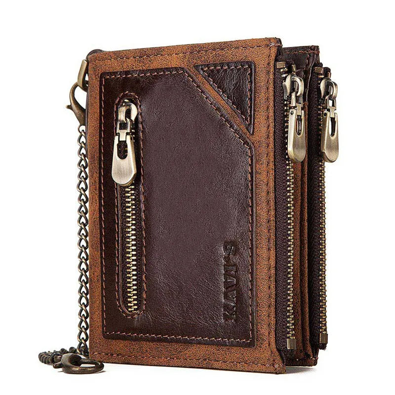 Dark brown men's RFID blocking leather wallet with chain detailing and card organisation