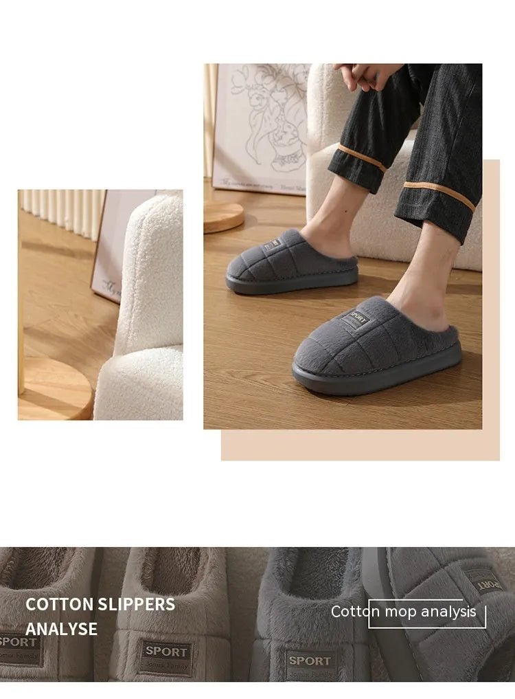 Men's grey thick-soled winter slippers with rabbit hair upper and textured sole.