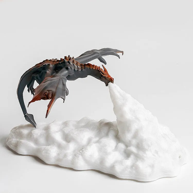 3D-printed red dragon night light with glowing warm light effect on a dark background.