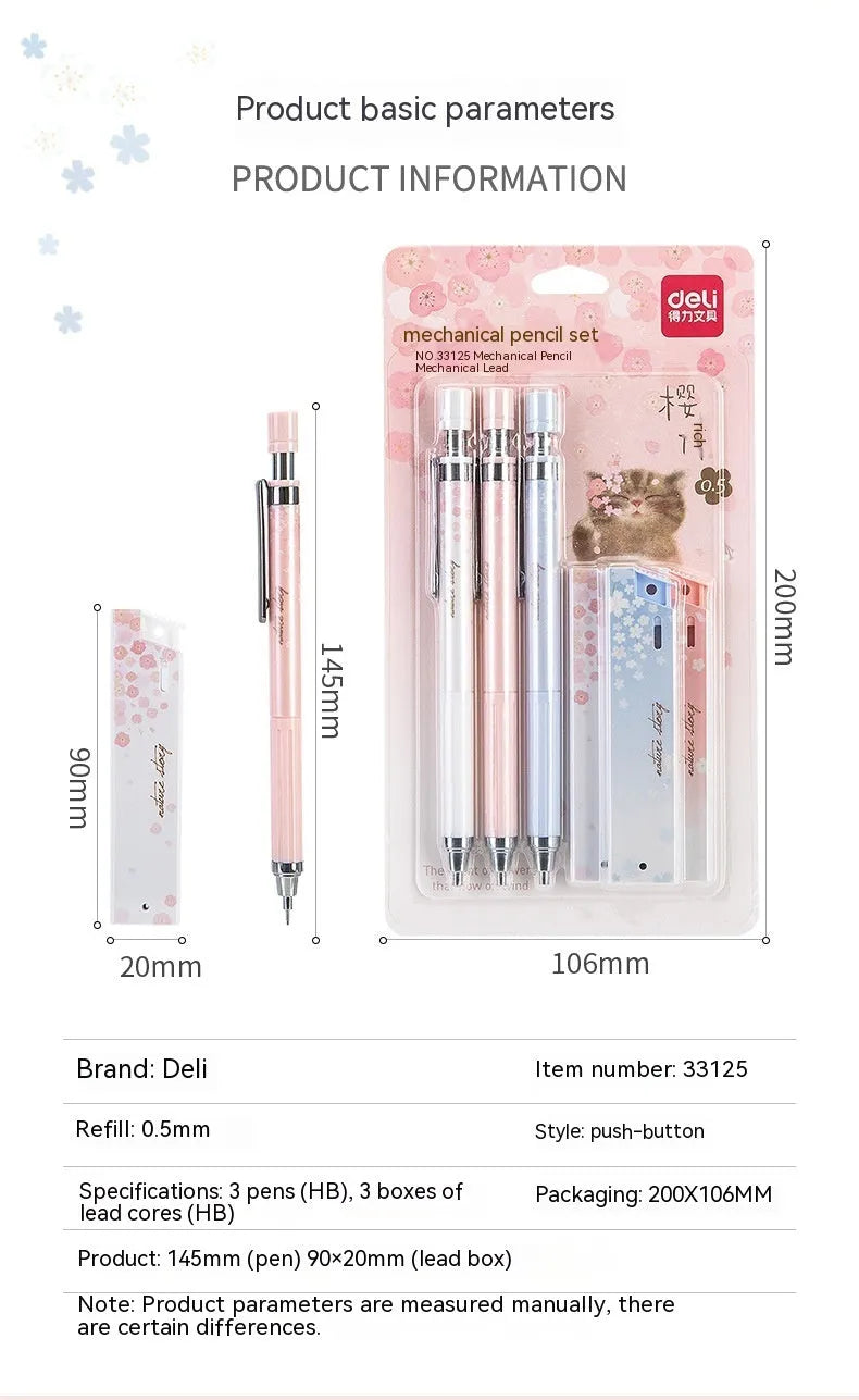 Cartoon automatic pencil set containing three propelling pencils and three HB refill boxes