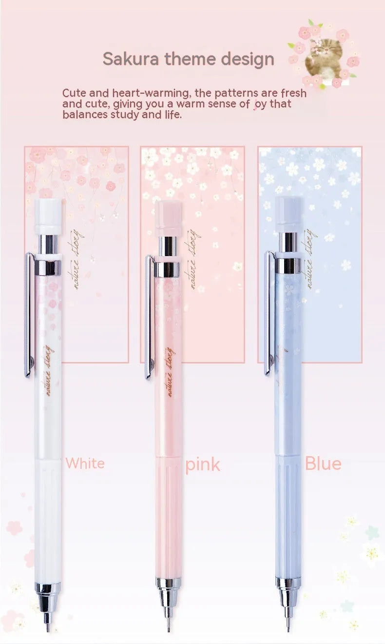 Cartoon automatic pencil set containing three propelling pencils and three HB refill boxes