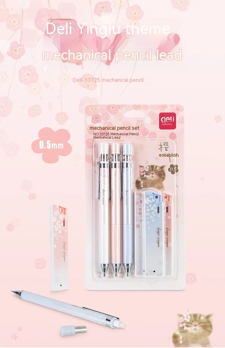 Cartoon automatic pencil set containing three propelling pencils and three HB refill boxes