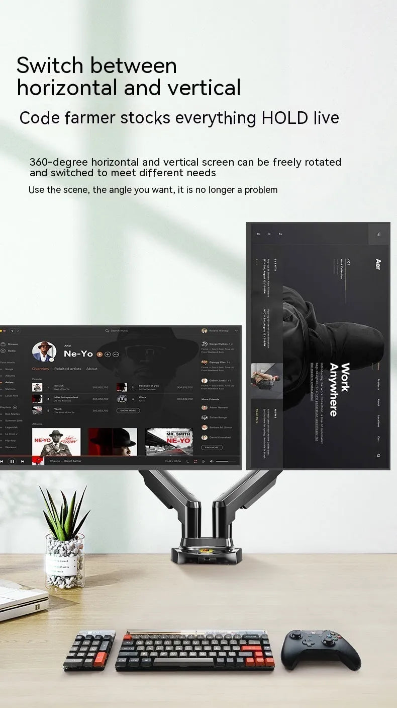 Dual screen lift-type monitor bracket made of silver aluminium alloy and black ABS plastic.