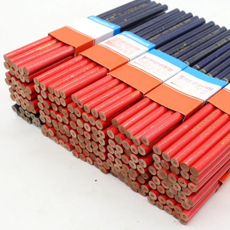 Ten red and blue two-colour carpenter's pencils with wooden casing round marking pens