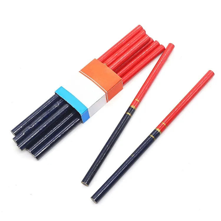 Ten red and blue two-colour carpenter's pencils with wooden casing round marking pens