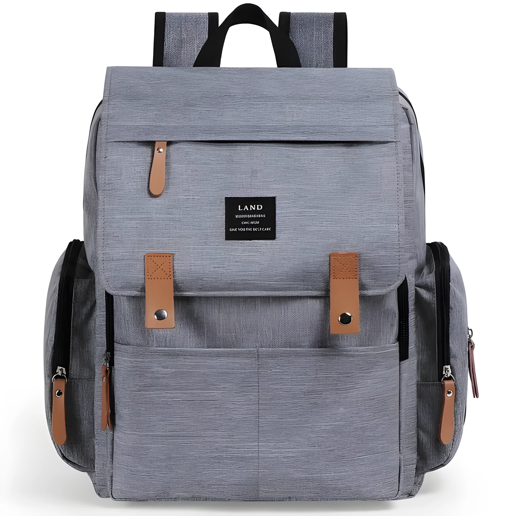 LAND Mommy large grey diaper backpack with multiple compartments and a changing mat laid out