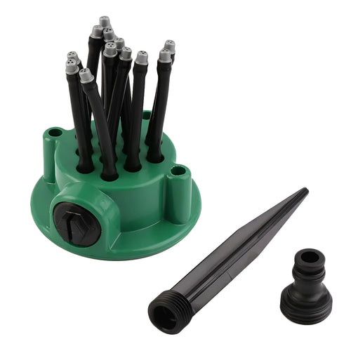 360 degrees adjustable lawn sprinkler with green colour and 9cm base, featuring bendable noodles for custom watering patterns in garden