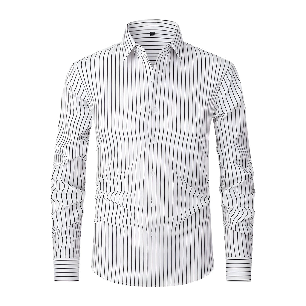 Men's slim fit striped long sleeve business shirt in ice silk polyester blend fabric