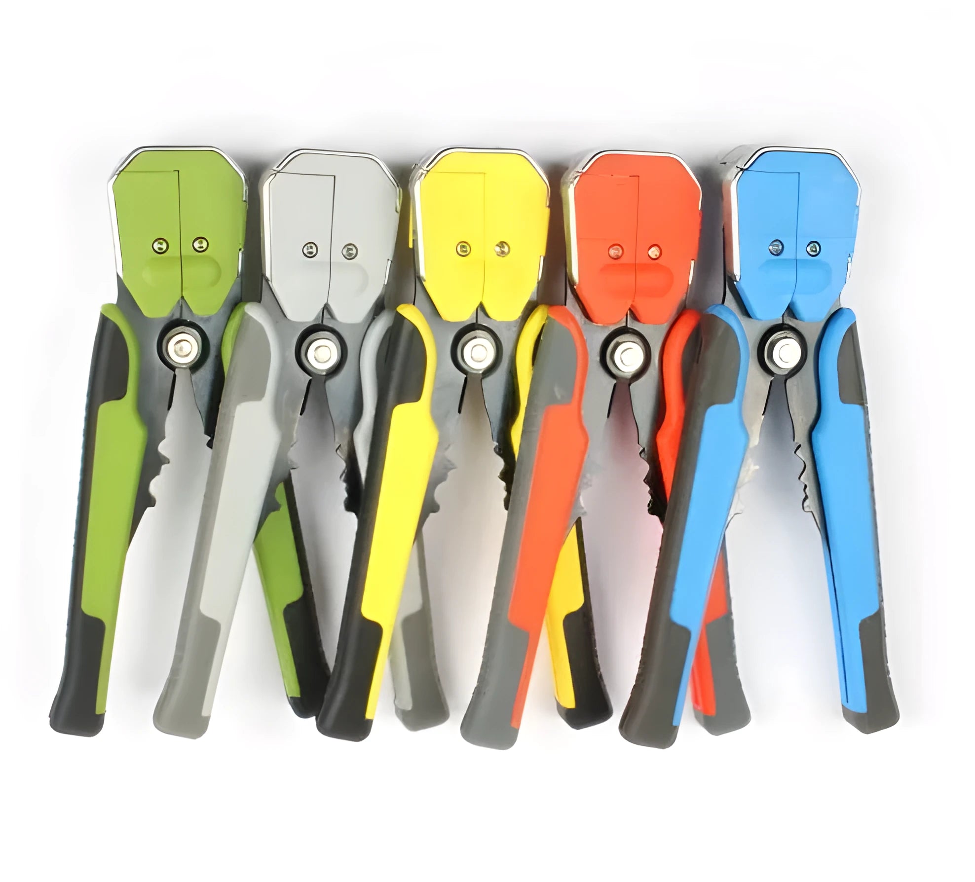Yellow automatic 3-in-1 wire stripper, crimper, and cutter tool on a workbench.
